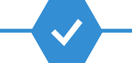Blue check mark inside hexagon on black.